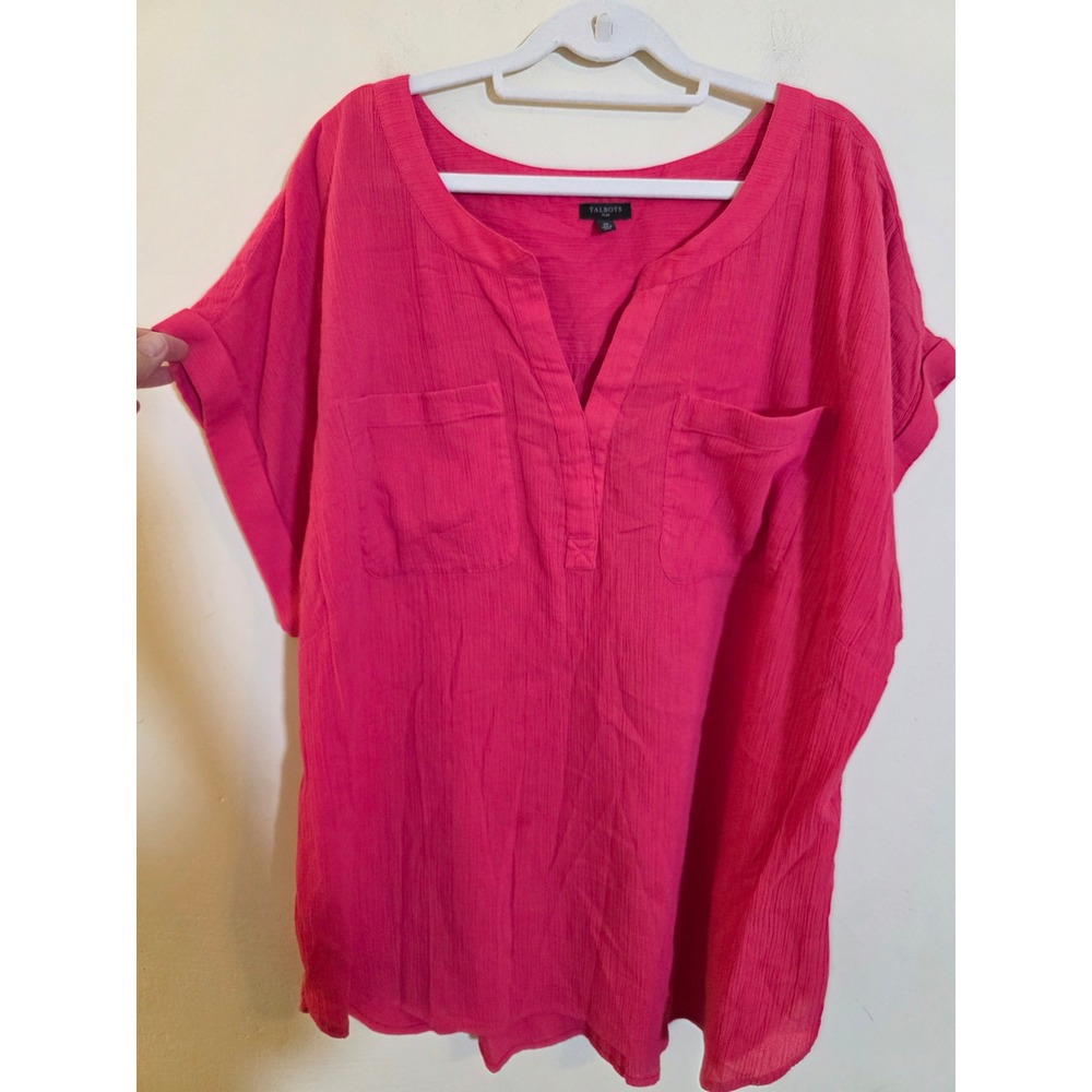 Talbots Plus Pink Textured Cotton Gauze Short Sleeve Split Neck Blouse 2X